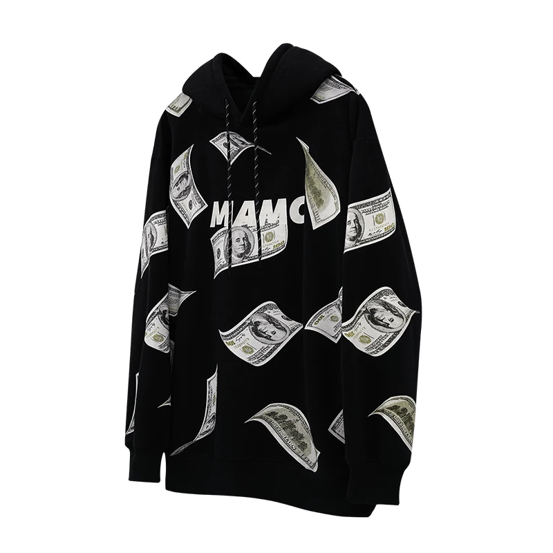Толстая флисовая негабаритная хип-хоп кофта с капюшоном в стиле "SWAG" с принтом богатых долларов США, пуловер, толстовка с капюшоном, Мужская свободная уличная одежда, бренд Rap Black