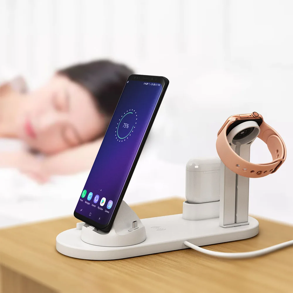 3 в 1 быстро Беспроводной Зарядное устройство станции с Тип usb C Micro USB Беспроводной Беспроводная зарядка для Iphone X apple Watch 4/3/2/1 Airpods 1/2
