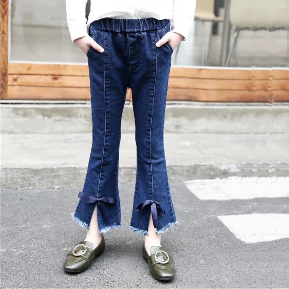 Girl Children Jeans Slim Wide Leg Pants Burr Flared Denim Trousers Fashion Ripped With Bow Ribbon | Детская одежда и обувь