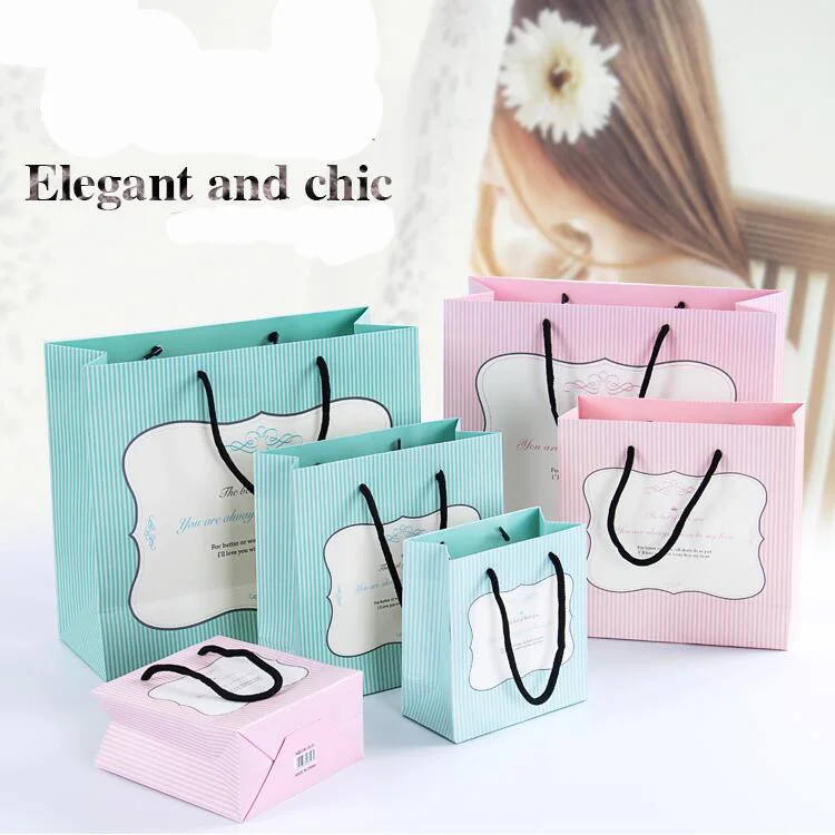 10 упаковок бумажный пакет в розовую и зеленую полоску с ручкой упаковочный для