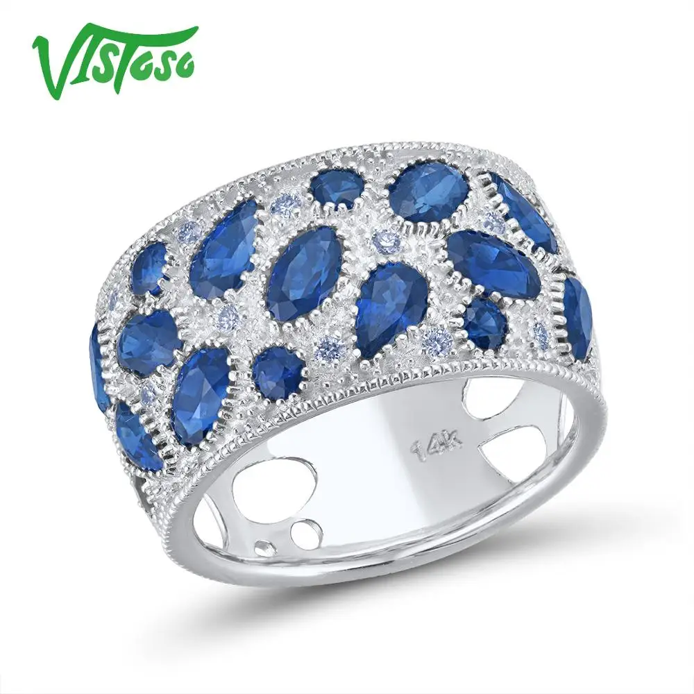 

VISTOSO 14 K кольца из белого золота для женщин подлинные сверкающие бриллианты Необычные синие сапфировые обручальные юбилей уникальные ювелирные изделия