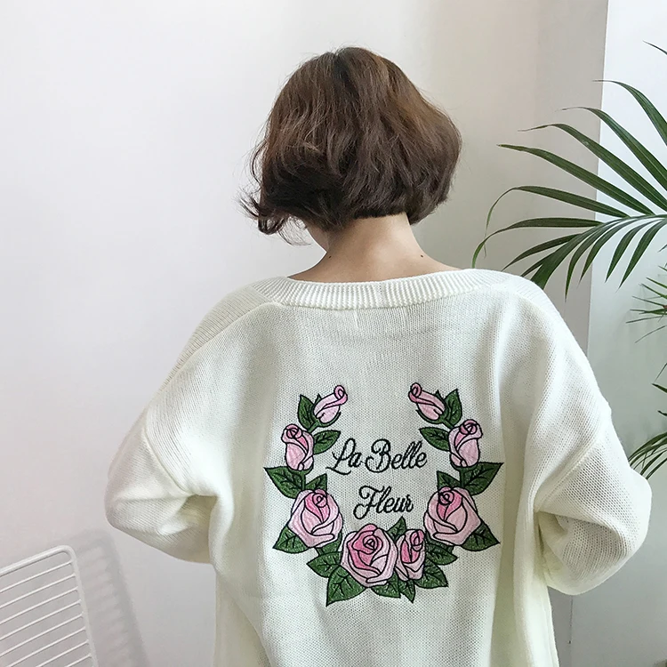 Women'S Back Embroidered Flower Sweater Cardigan Thick Knitting Sweaters Lady Female Korean Punk Harajuku Clothing For Women |