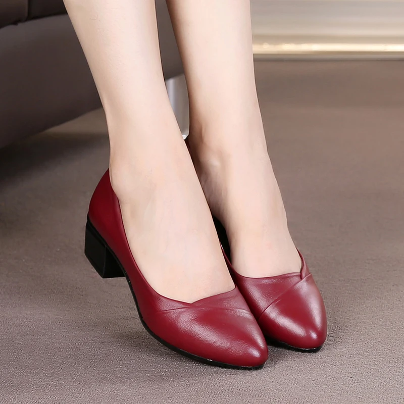 

ZIMNAFR Brand New Pumps Women Shoes Genuine Leather Sring Ladies Office Shoes Thick Heel Pumps Women Shoes Size 35-43
