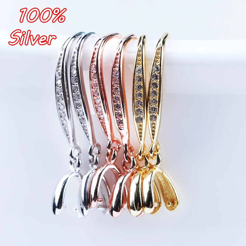 Real 925 Sterling Silver Woman Zircon Ear Hook Gold Silver Earring Blank Base DIY Jewelry Making Findings Accessories Component