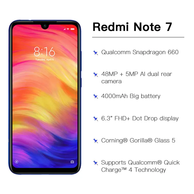 Телефон Xiaomi Redmi Note 7 с глобальной версией 3 ГБ 32 Восьмиядерный процессор Snapdragon 660 4000