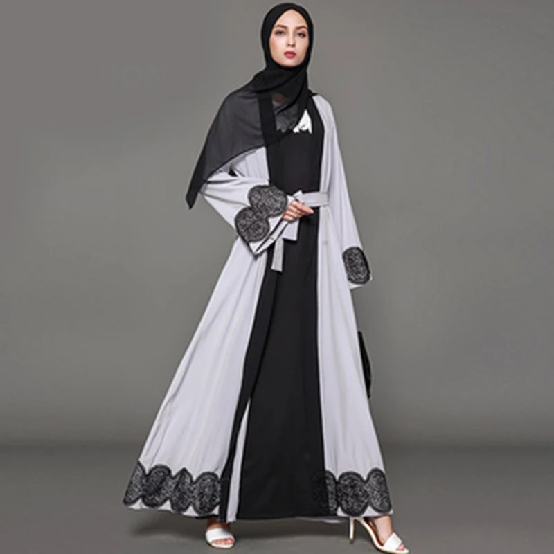 Платье кимоно для женщин мода размера плюс Черное кружево Abaya белый кардиган