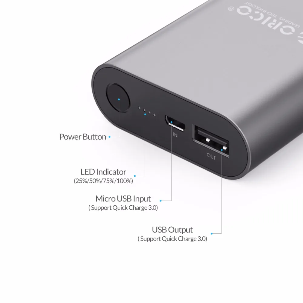ORICO QC3.0 power Bank алюминий 10050mA Универсальное портативное быстрое зарядное