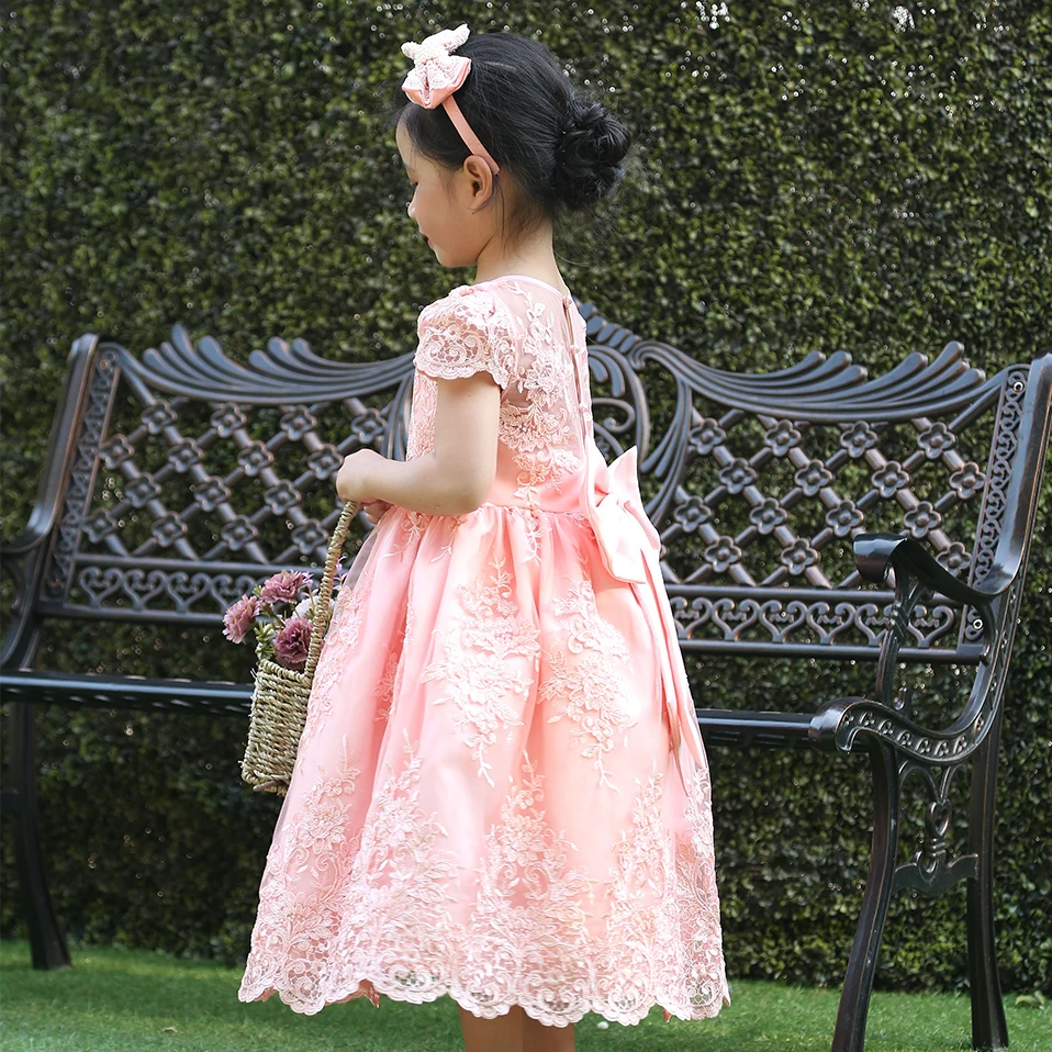 Милое розовое платье с цветочным узором для девочек детское бальное бисером и