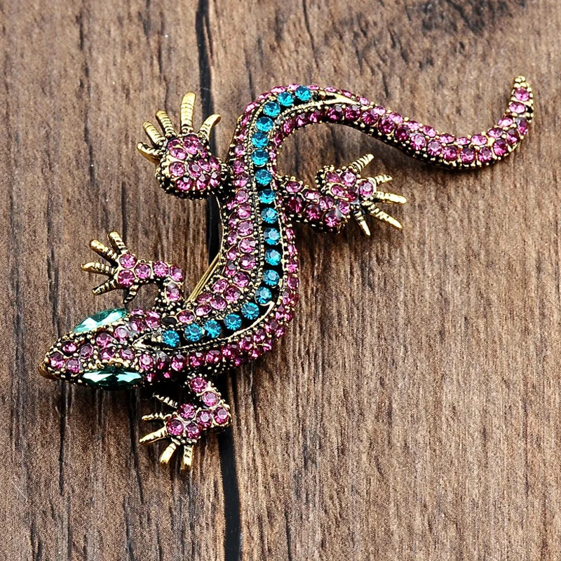 Gold pink Распродажа! Хрустальная Винтажная брошь ящерица для женщин, ювелирные изделия, металлические эмалированные булавки, Мужская брошь для костюма, аксессуары для одежды животных - Окраска металла: Gold pink
