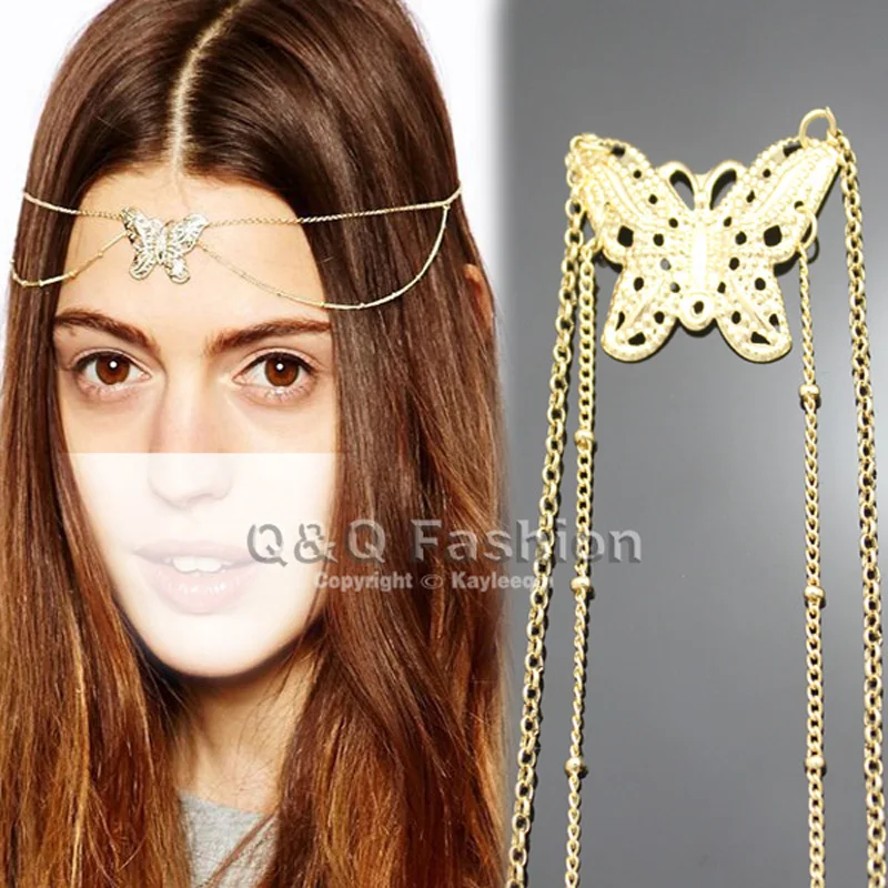 Золотая Корона для волос Fab с двойной цепочкой бабочкой украшение платья диадема