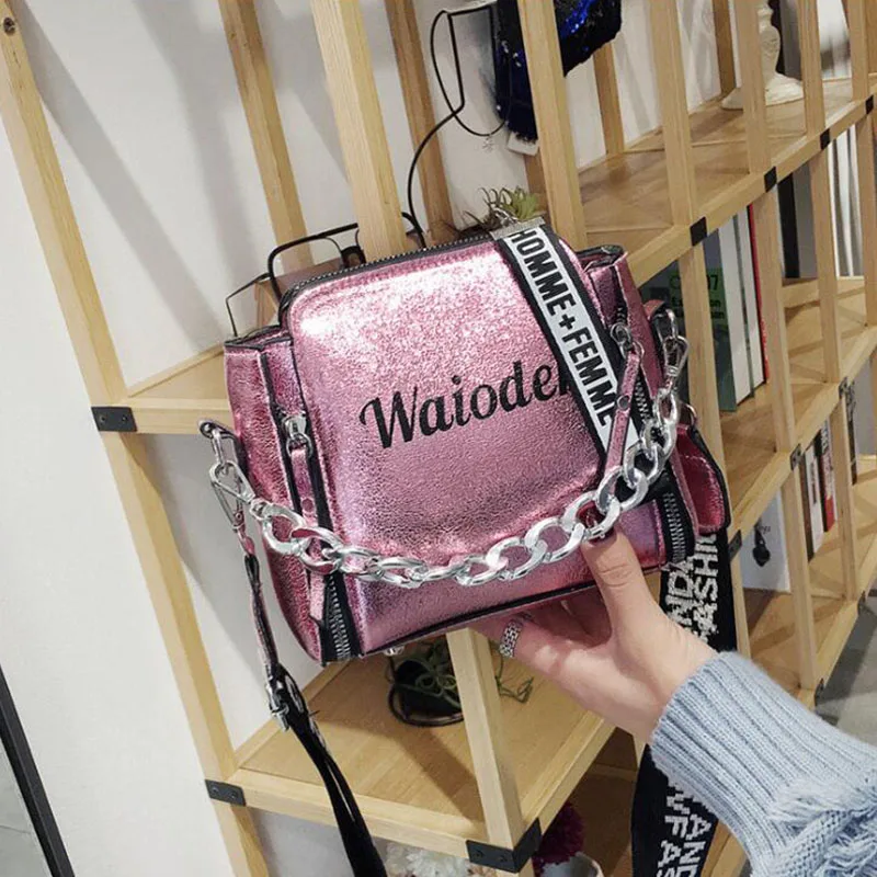 Pink Shoulder Bag Популярные женские сумки на плечо с буквенным принтом яркие цвета через плечо лазерные женские сумки-ведро Изысканная цепочка клатч - Цвет: Pink Shoulder Bag