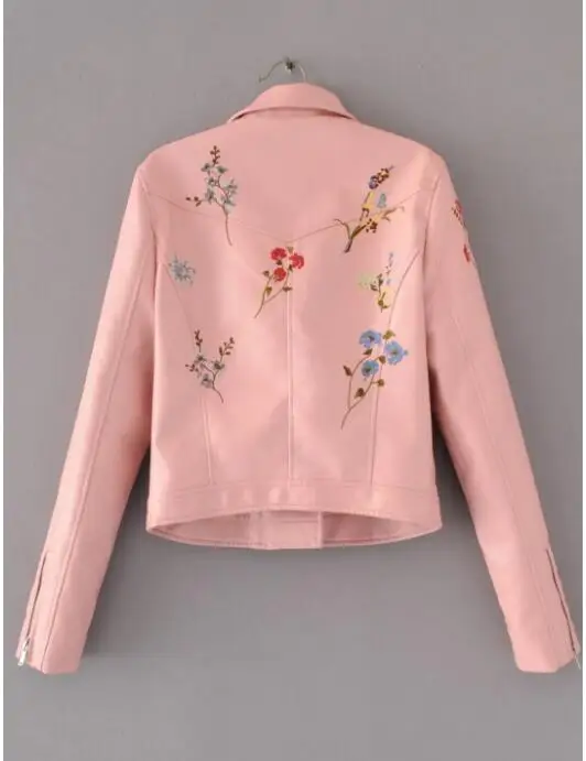 

Motor Biker Autumn Women's Clothing Flower Embroidery Slim Female PU Leather Jacket long sleeve Shorts Faux Leather Outerwear