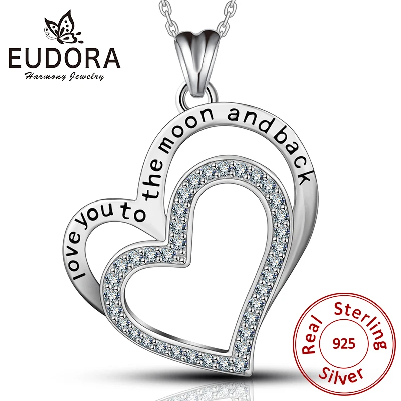 

Eudora 100% 925 Sterling Silver Double Heart Necklace Pendant Cubic Zirconia Fashion Jewelry For Girl Women Birthda Gift CYD058