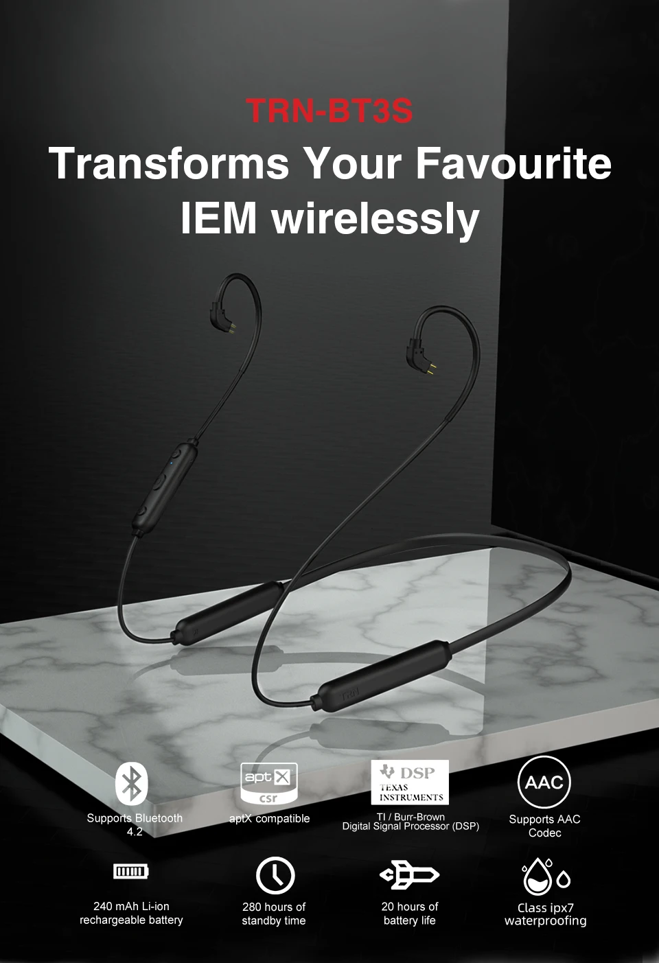 TRN BT3S беспроводной Bluetooth APT-X MMCX/2Pin/IE80 соединительный кабель с чипом CSR8645 APTX поддержка IPX7 для TRN V90 CCAC10 KZZSN