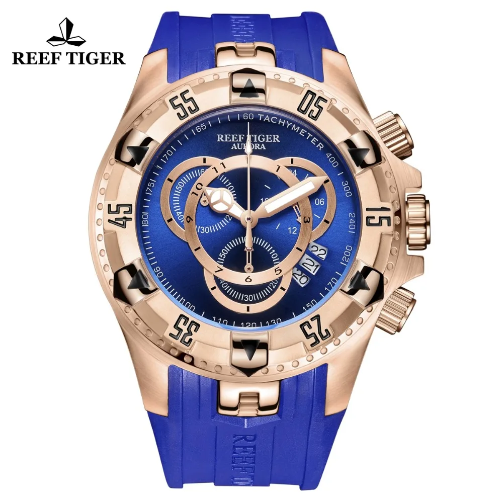 Спортивные мужские часы Reef Tiger/RT полностью синие розовое золото с большой датой