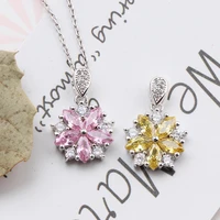 925 sterling silver female sweet necklace chain pink yellow crystal cherry blossoms pendant for woman girl party jewelry 45cm