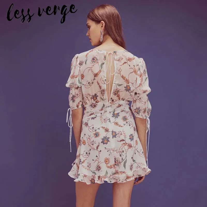 Lessverge V образным вырезом boho сексуальное шифоновое платье мини с пышными рукавами
