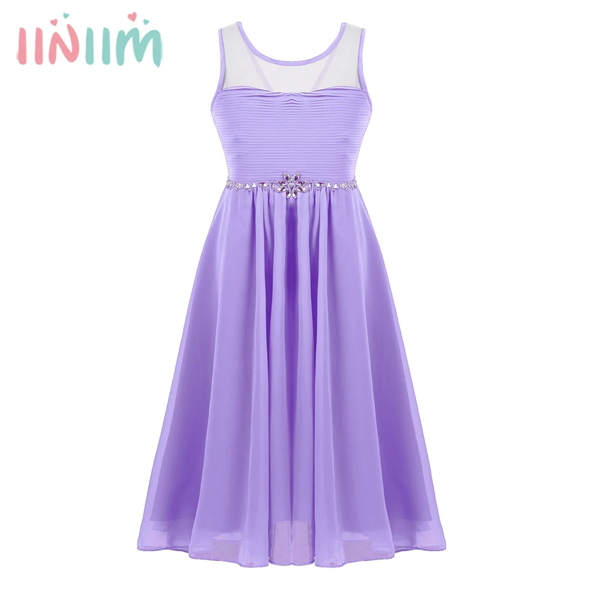 iiniim Kids Teen Sleeveless Mesh Splice Pleated Rhinestones Chiffon Dress for Party Summer Special Flower Girl Dresses | Детская одежда