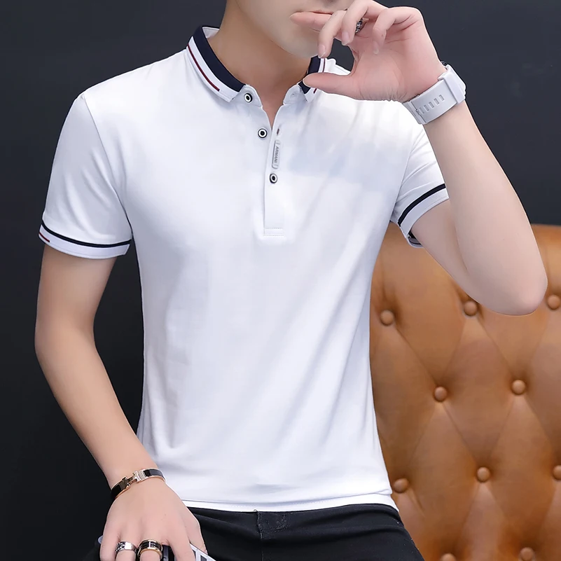White T-shirt BROWON, Новое поступление, летняя мужская футболка с коротким рукавом, облегающая футболка с отложным воротником, Мужская футболка - Цвет: White T-shirt