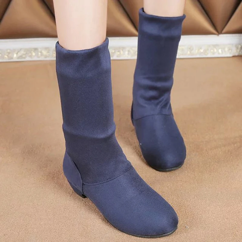 2020 Autumn Winter Women Boots Mid-Calf Martin Brand Fashion Female Stretch Cotton Fabric Slip-on Flat Shoes Woman | Обувь