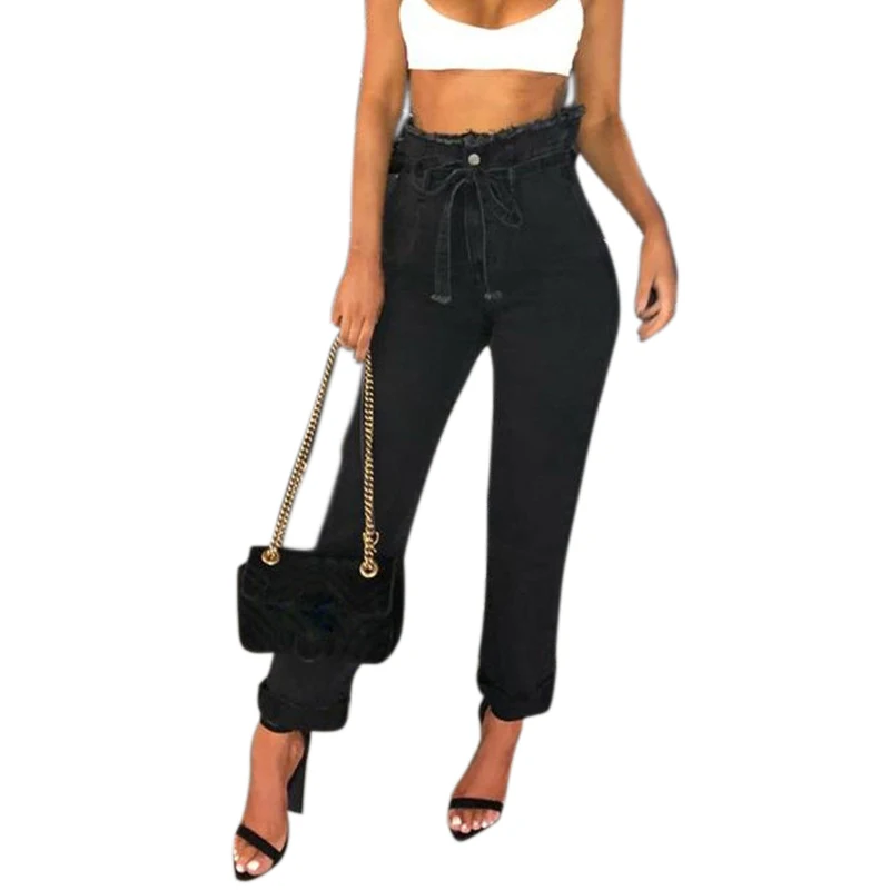 1 шт. женские джинсы брюки с высокой талией ремень модная тонкая одежда KS-доставка