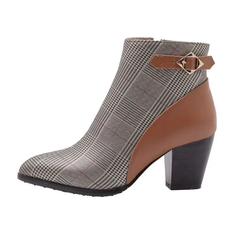 Taoffen Ankle Boots Women Plus Size 32-46 2020 Fashion Plaid Mixed Color High Heels Short Pointed Toe Cowgirl Shoes | Обувь