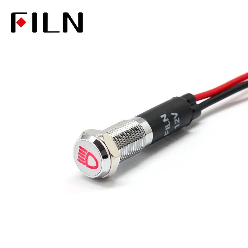 FILN 8 мм Приборная панель автомобиля высокий луч символ led красный желтый белый синий зеленый 12 в светодиодный индикаторный светильник с кабелем 20 см