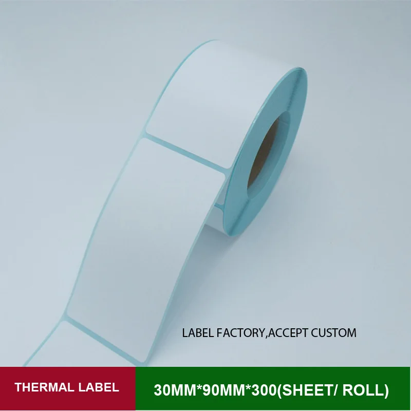 Adhesive stickers thermal label paper 30*90mm *300 sheets self roll widely used in commercial office, supermarket, schools etc