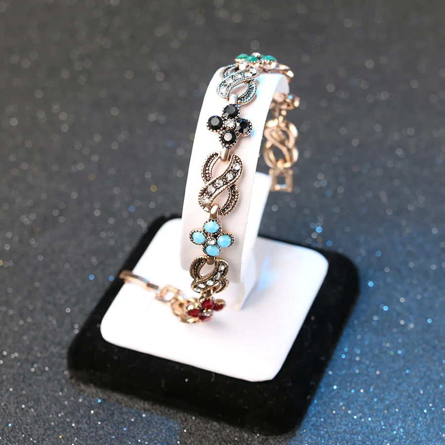 Unique Vintage Jewelry Color Gold Clover Colorful Resin Bohemia Bracelet For Women Mosaic White Crystal Gift | Украшения и