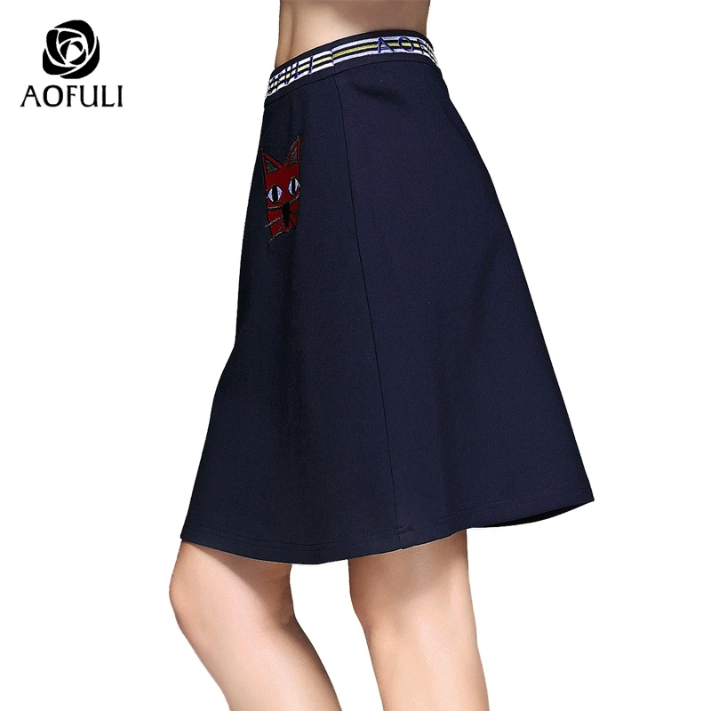 AOFULI M 3XL 4XL 5XL Милая юбка с вышивкой в виде кошек женская зимняя короткая больших