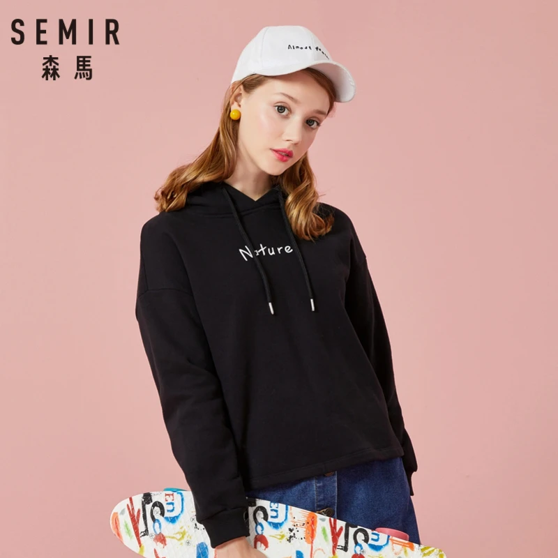 SEMIR Женская флисовая толстовка с капюшоном и принтом пуловер опущенным плечом на