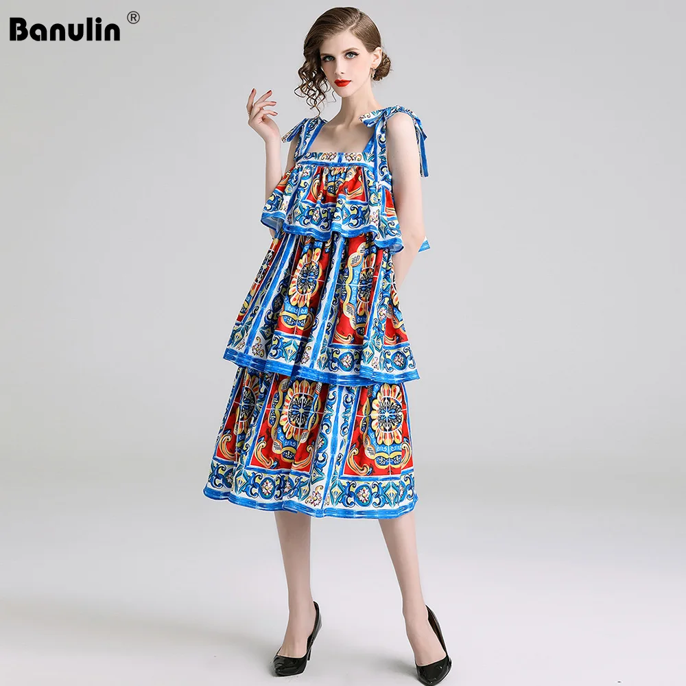 

Banulin Runway Summer Tiered Ruffles Cake Dress Women's Elegant Painted Pottery Print Vacation Party Bow Spaghetti Strap Dress