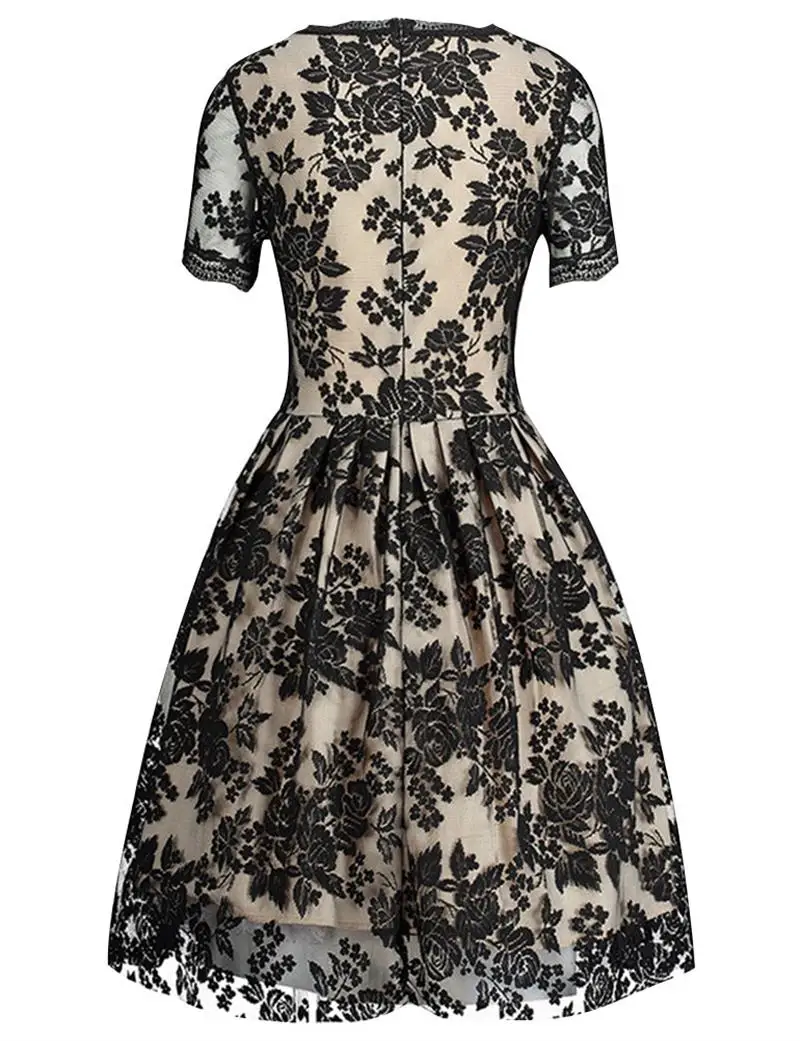 Women's Round Neck Short Sleeve Lace Splice Flower Embroidery Zip Back Overlay Midi Dress | Женская одежда