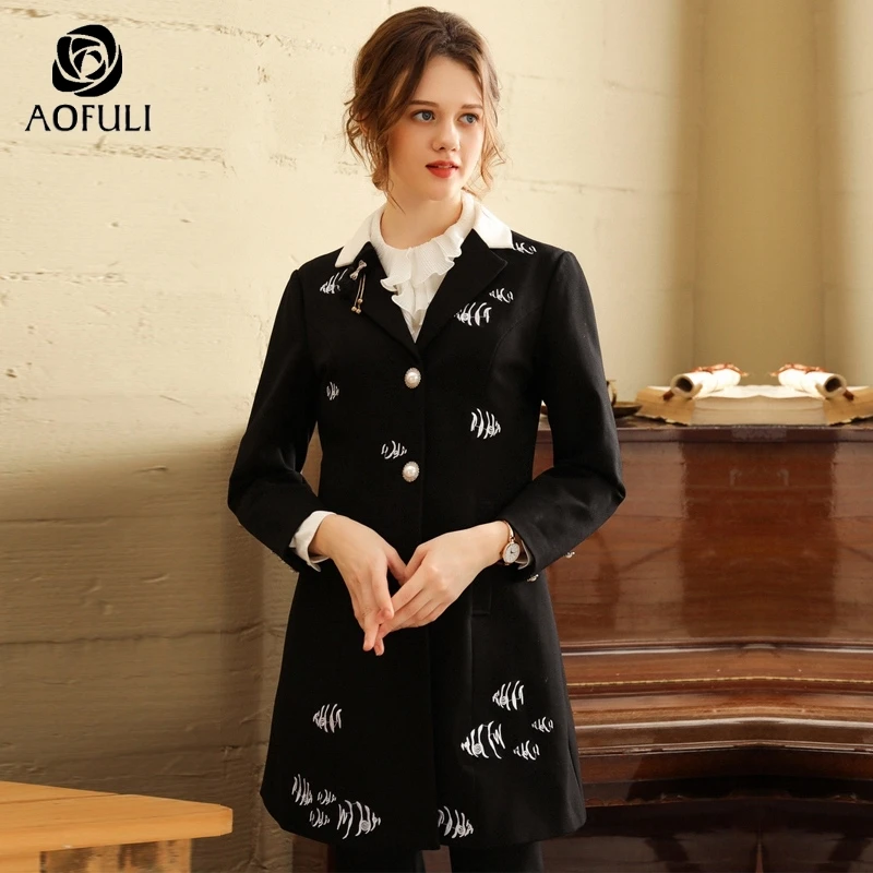 Женское пальто с тропической рыбкой S/M/L/XL зимнее черное длинное отложным