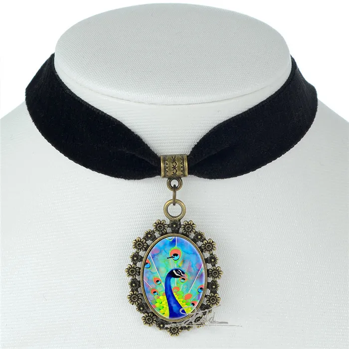 16 стилей винтажное ожерелье павлина черная бархатная лента колье Овальный