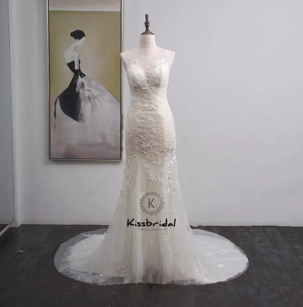 

Потрясающие Элегантные Свадебные платья русалки с пуговицами и аппликацией сзади; кружевное свадебное платье без рукавов; 2020