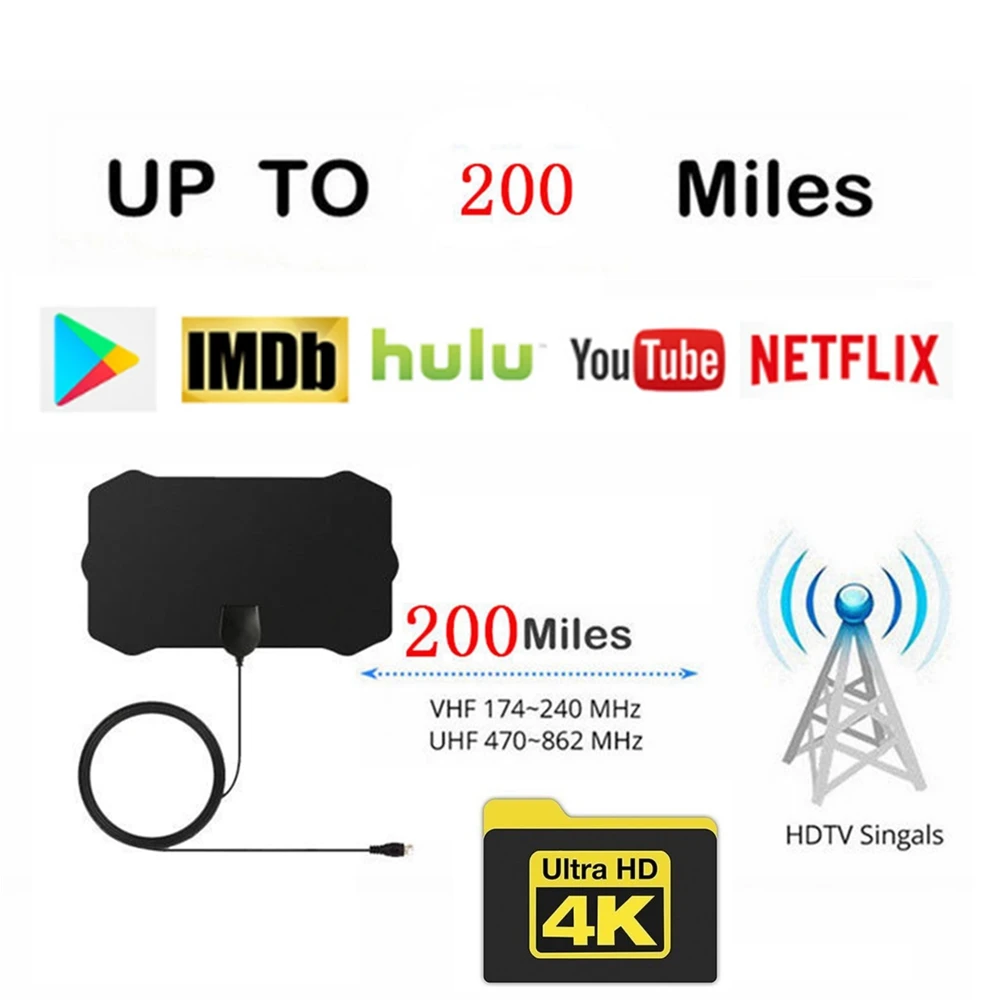 Внутренний цифровой 200 миль HDTV цифровая ТВ антенна дальность сигнала VHF UHF
