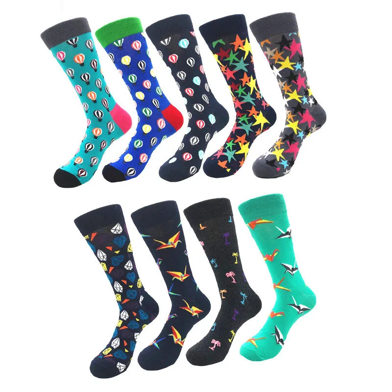 

5 Pairs Brand Quality Mens Happy Socks Striped Plaid Diamond Cherry Socks Men Combed Cotton Calcetines Largos Hombre Long Sock