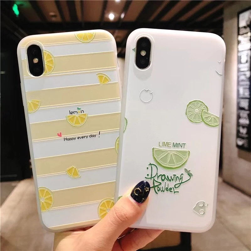 Moskado Relief Case For iPhone 6 6s 7 8 Plus X Fashion Cute Cartoon Summer Fruit Lemon Painted Soft TPU Phone |
