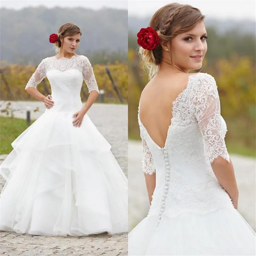 

Lace Organza Backless Half Sleeve wedding dresses tiered Romantic Plus Size Vestido Vintage New lace Sexy A Line Wedding Dresses