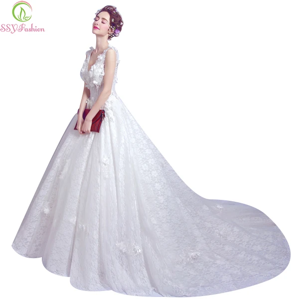 Женское свадебное платье SSYFashion белое кружевное трапеция с V образным вырезом и