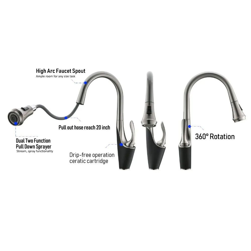 Kitchen Faucet with Dual Function Pull Down Spray Head Single Hole Commercial Handle High Arc Level Beelee BLW054 | Обустройство дома