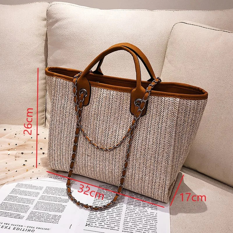 Women's Summer Bag New Style Large Capacity Chain One Shoulder Fashion Luxury Designer Simple Grass Woven Totes Handbag | Багаж и