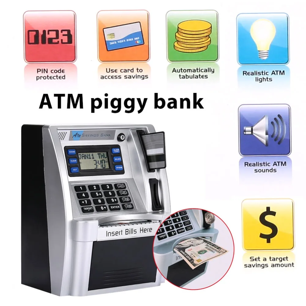 Giantree Simulation US ATM сберегающие банки ATM Копилка ATM Сейф для денег коробки с ЖК-экраном Серебряный детский подарок Сейф для денег коробка