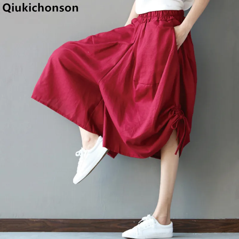 

Qiukichonson Linen Pants Women 2018 New Literary Plus Size Elastic Waist Palazzo Wide Leg Pants Ladies Culotte Casual Trousers
