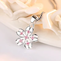 sweet cherry blossoms flower pink crystal 925 sterling silver lady pendant necklaces jewelry women female short box chains gift