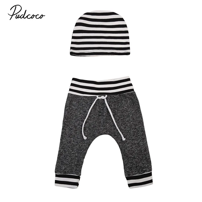 2PCS Toddler Newborn Infant Baby Girl Boy Outfit Cotton Striped Pants + Caps Fashion Clothes Outfits For Boys | Детская одежда и