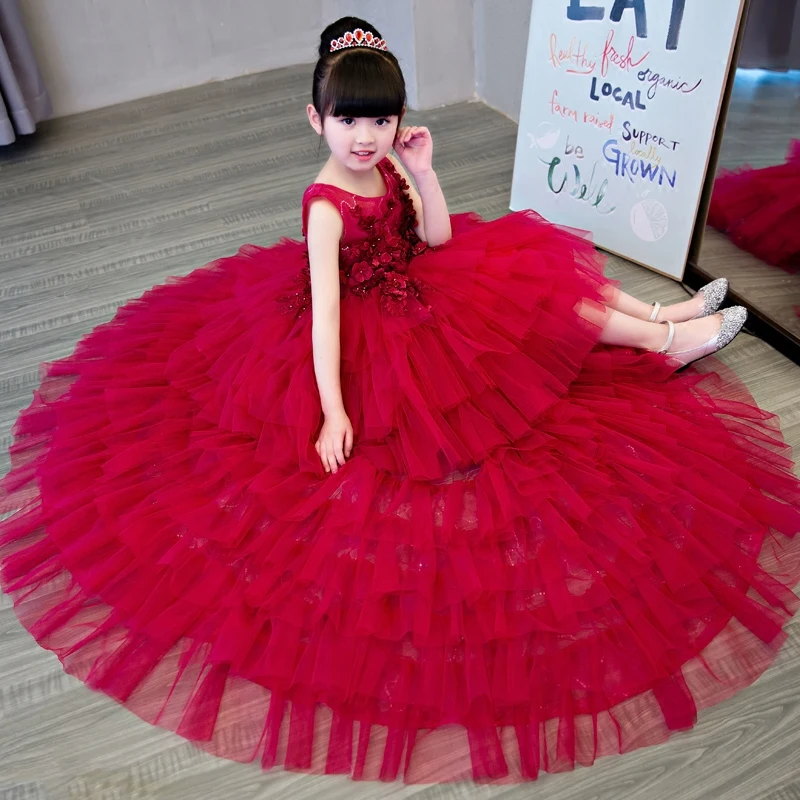 2018 New Luxury Red Flower Girl Dress With Tail For Wedding Kids Pageant First Holy Communion Dresses Party D48 | Детская одежда и