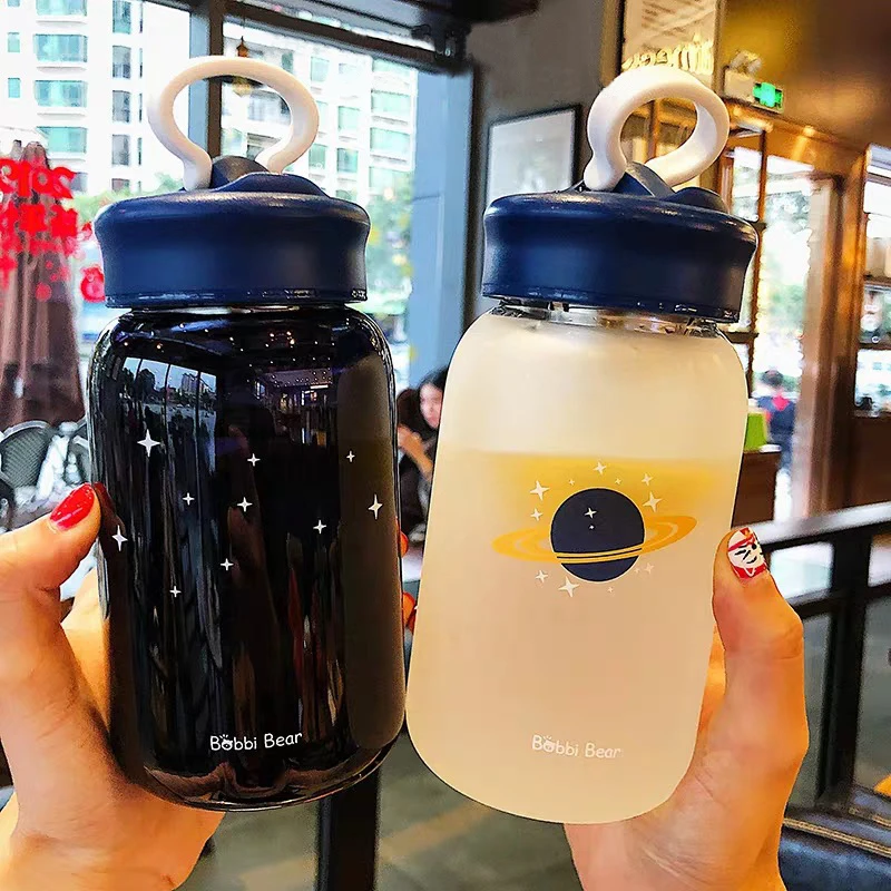 YiHAO 460ml Scrub Glass Space Water Bottles Student Portable With Tea Compartment Mobile Phone Holder Cute Hand Bottle | Дом и сад