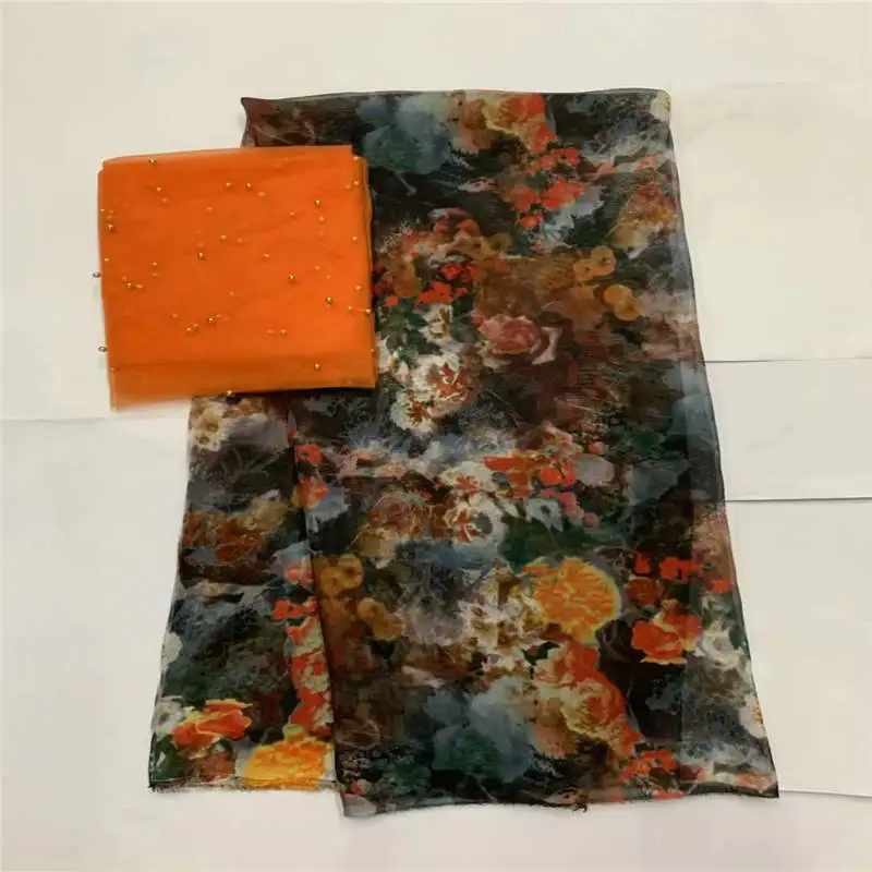

High Quality African Silk Chiffon Printed Fabric 5+2 Yards For Ladies To Wear Soft And Comfortable Printed Silk Fabric! LXF41106